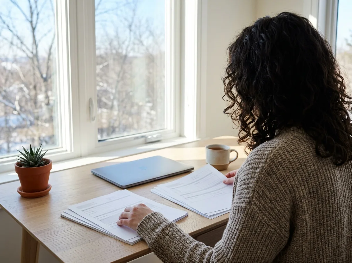 A small business owner at a bright home desk on a sunny winter morning, seen from behind, sorting printed forms into two neat piles beside a closed laptop, a mug of tea and a succulent.