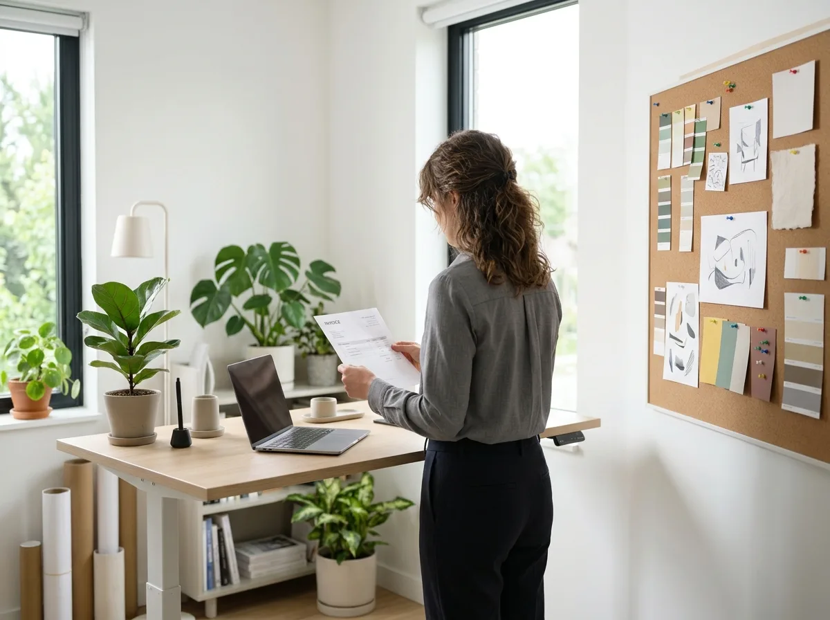 A freelance graphic designer at a sunlit standing desk in a white-walled studio, seen from behind and to the side, reviewing a printed invoice next to a laptop, with plants and a pinboard of color swatches.