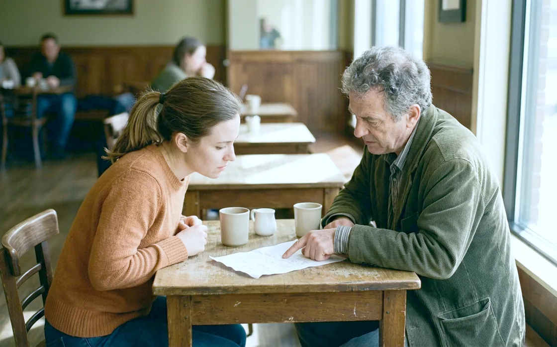 Two people sitting across a small cafe table, one pointing at a single sheet of paper between them.