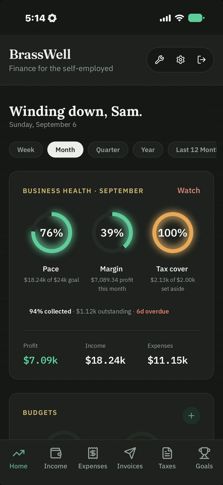 The BrassWell app on a phone, showing business health for September: pace, margin and tax-cover rings, the share of invoices collected, and profit, income and expenses for the month.