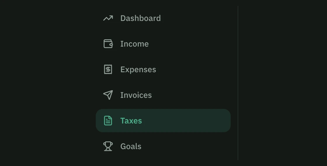 The BrassWell web app sidebar with Dashboard, Income, Expenses, Invoices, Taxes and Goals, with Taxes selected.