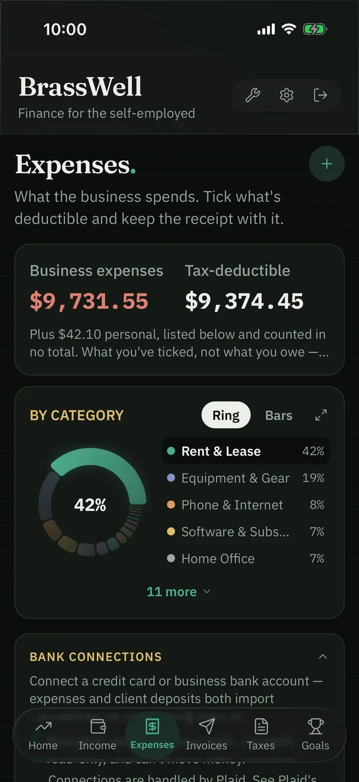 BrassWell on iPhone: business expenses by category.