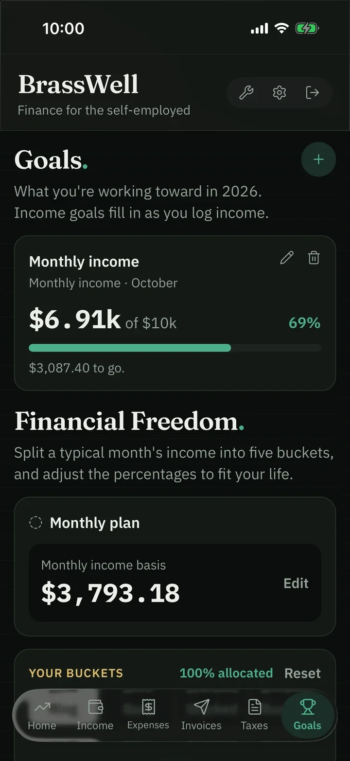 BrassWell on iPhone: Goals and the Financial Freedom plan.