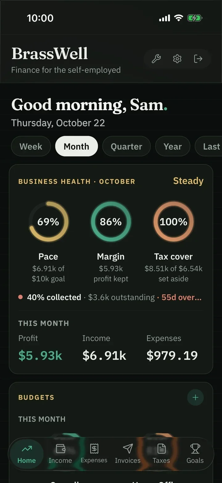 BrassWell on iPhone: Business Health for October — Pace 69%, Margin 86%, Tax cover 100%; profit $5.93k on $6.91k income.