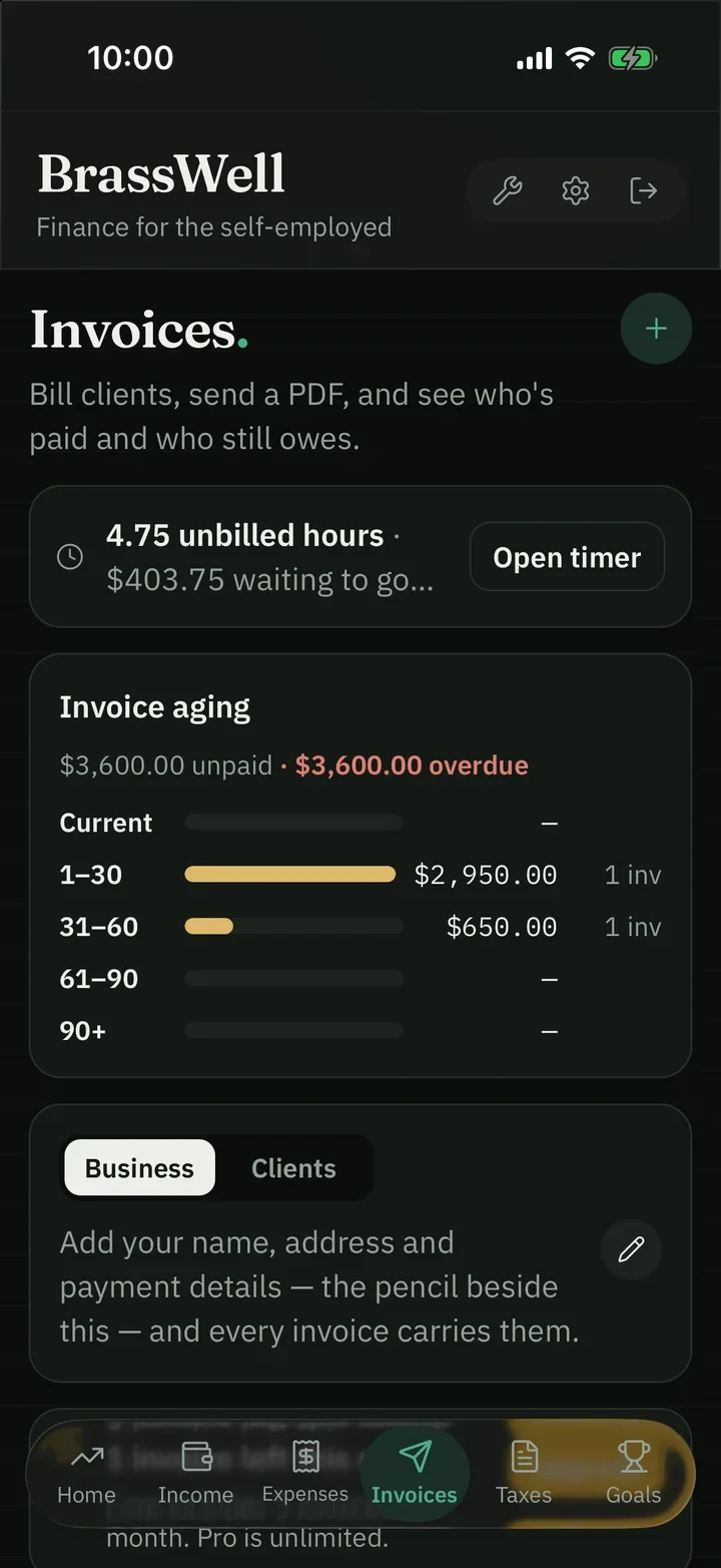 BrassWell on iPhone: Invoices, with unbilled timer hours and invoice aging showing $3,600.00 unpaid and overdue.