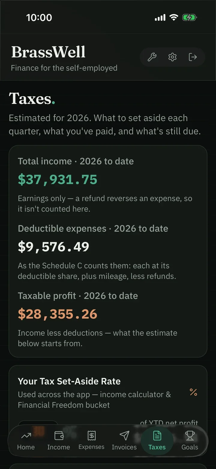 BrassWell on iPhone: Taxes, with income, deductible expenses and taxable profit to date, and the tax set-aside rate.