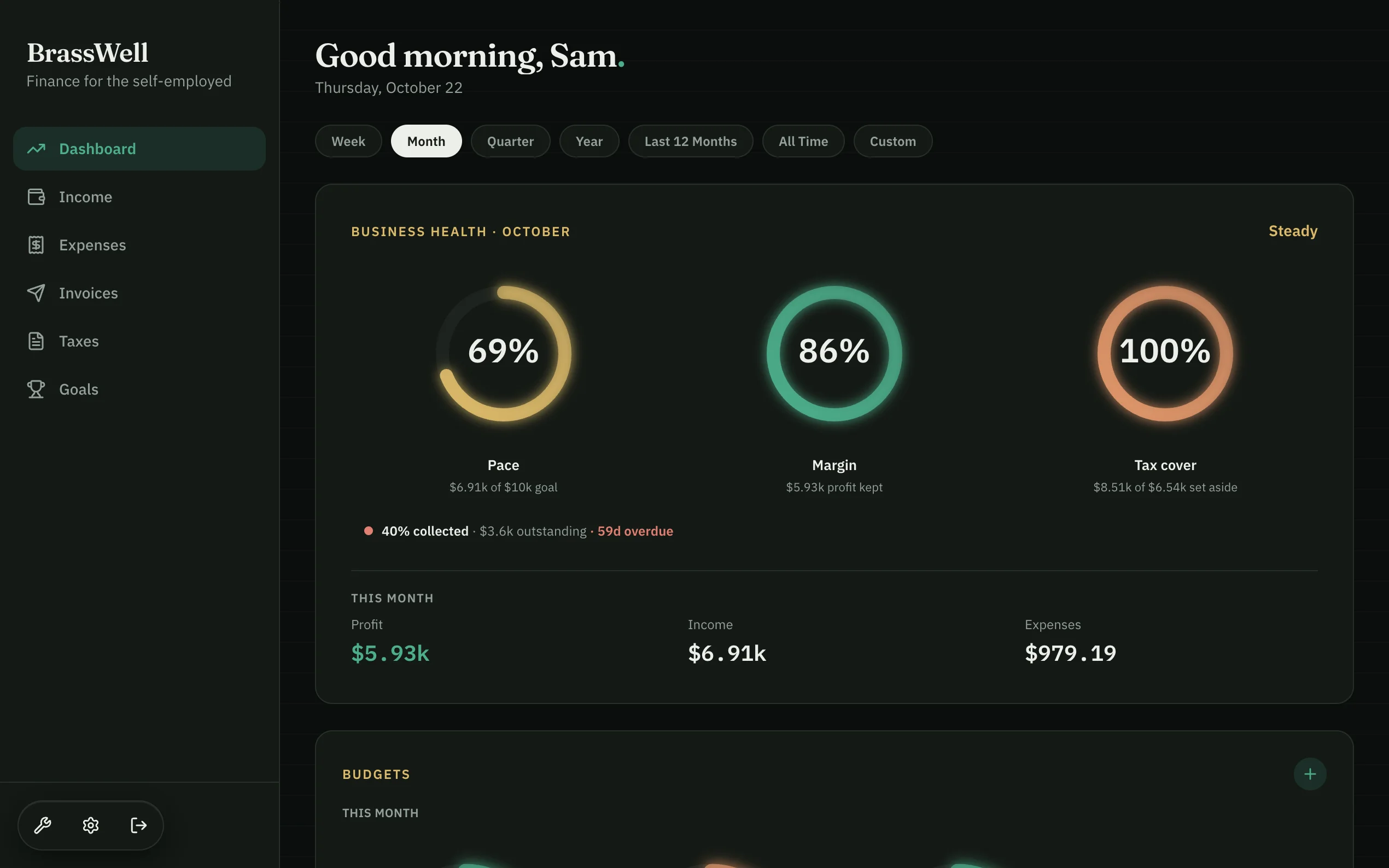BrassWell web app — the web dashboard: Business Health dials, profit, income and expenses.