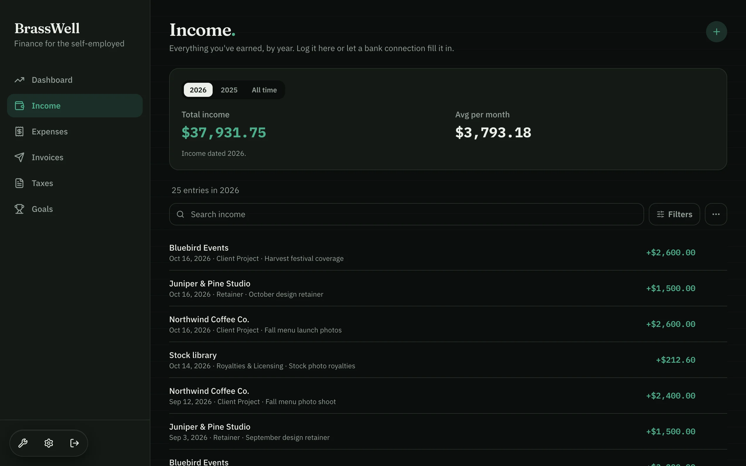 BrassWell web app — Income: total for the year and every payment by client.