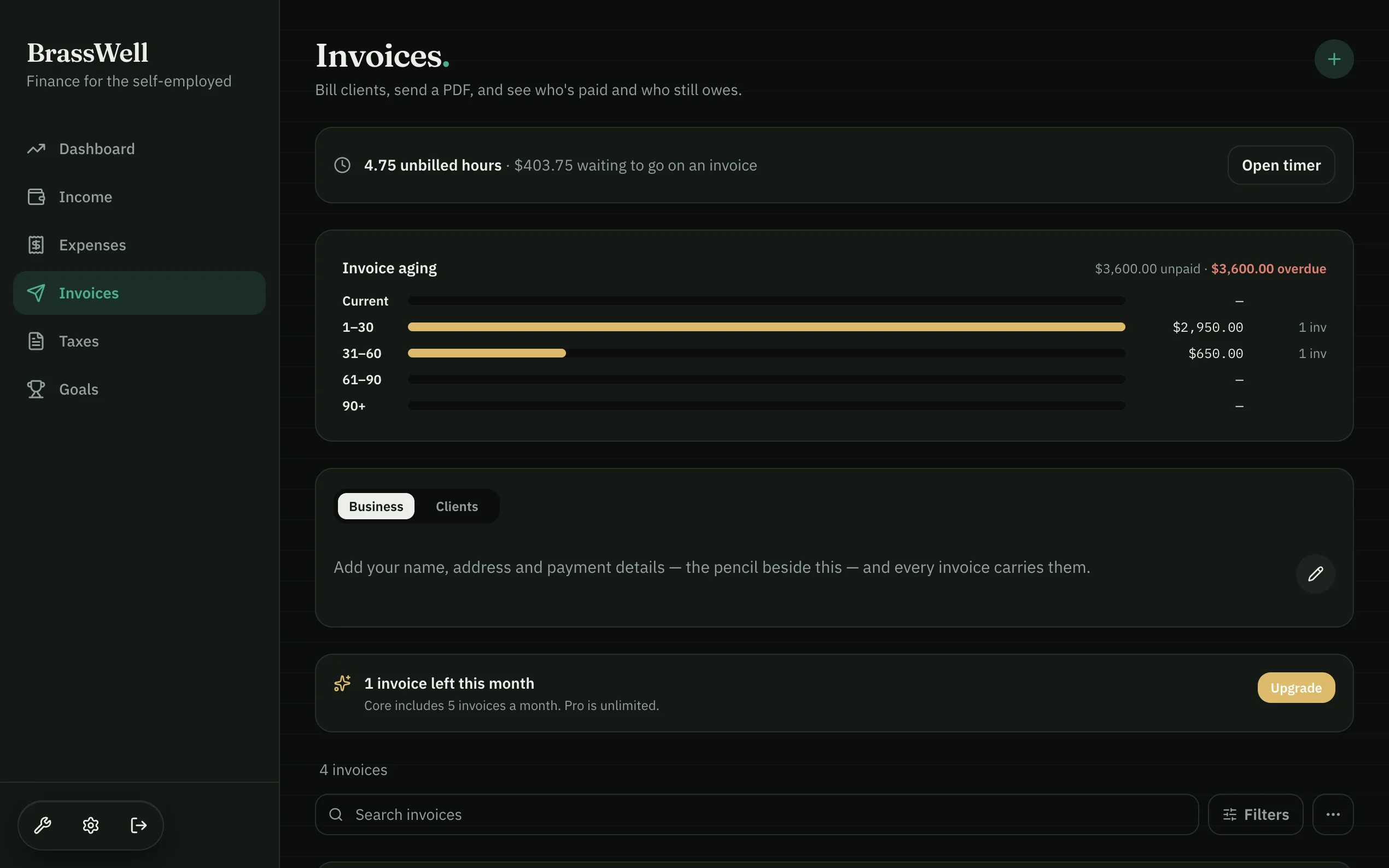 BrassWell web app — Invoices: unbilled timer hours, invoice aging and the business details every invoice carries.