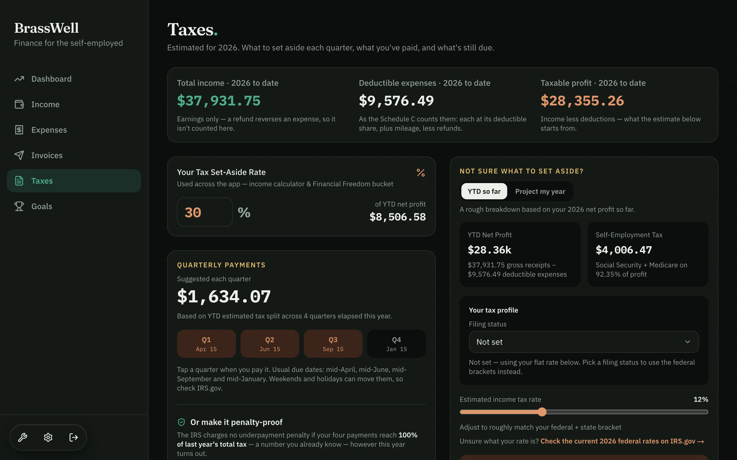 BrassWell web app — Taxes: the set-aside rate, the estimate so far and a suggested quarterly payment.