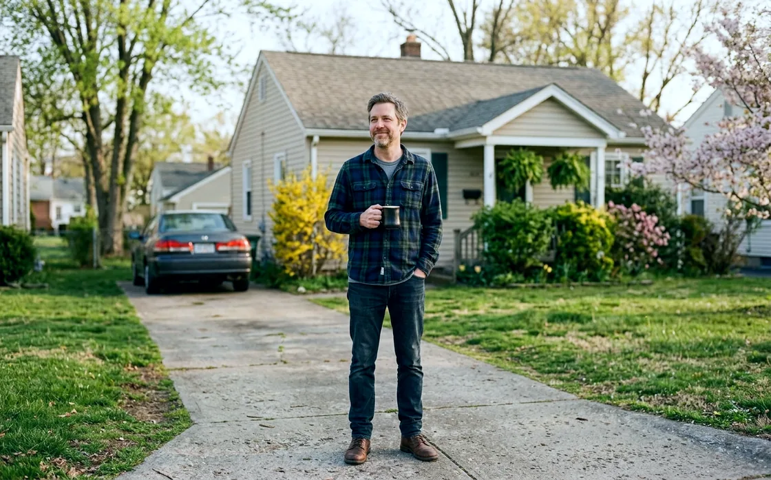 A man standing in his own driveway on a spring morning with a coffee mug, relaxed, an ordinary house behind him.