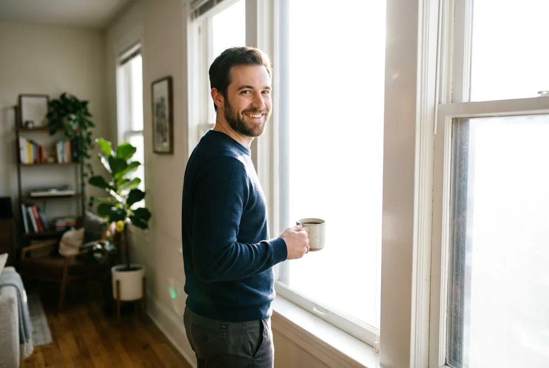 A man standing at a tall bright window holding a mug, turned back over his shoulder with an easy smile, the room behind him in soft shadow and the window blown out to white.