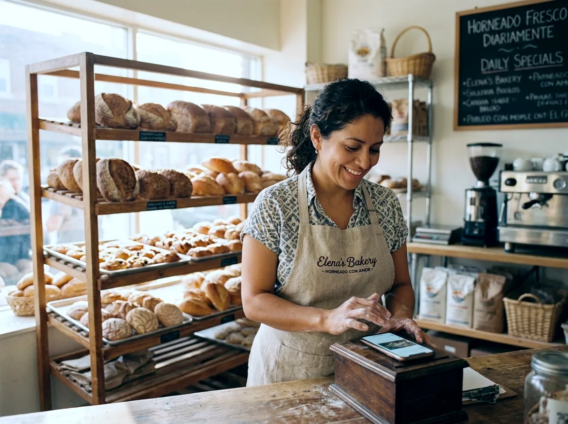 A baker in her thirties behind her counter, hands dusty with flour, smiling at the card reader on the till after a sale.