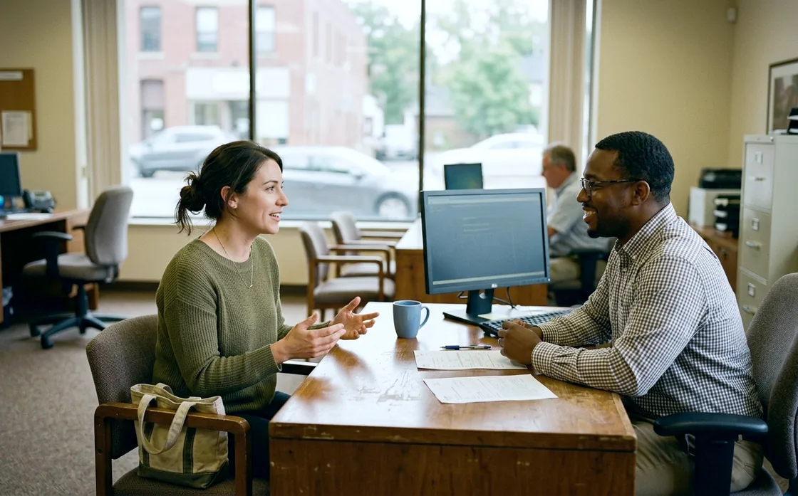 A woman sitting across an open desk from a bank employee in a small branch, a few forms on the desk between them, both mid-conversation in daylight.
