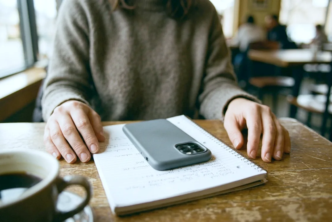 A phone lying face down on an open notebook on a cafe table, a pair of hands resting either side of it and a coffee cup at the edge of the frame.