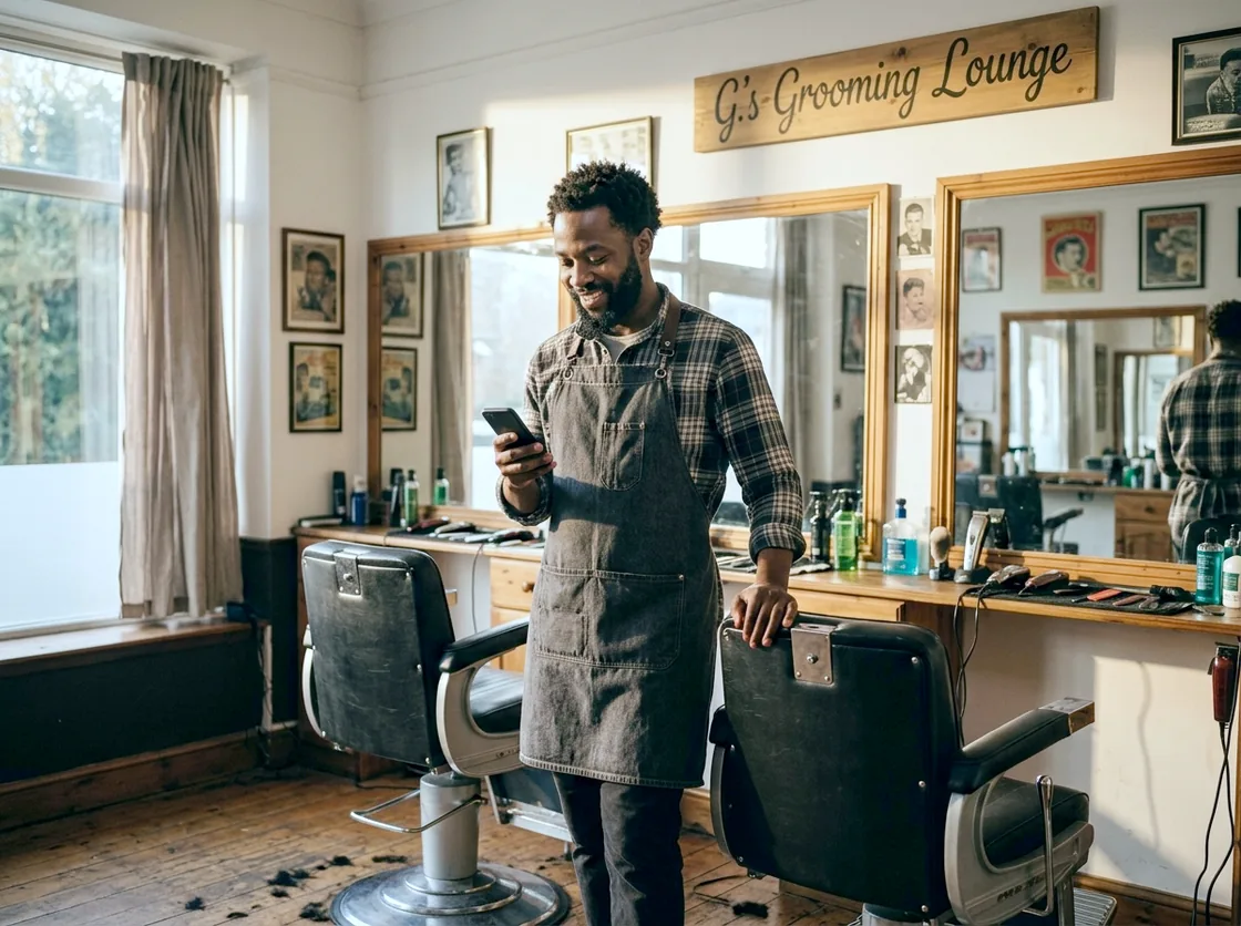 A barber in his own shop between clients, mirrors and clippers behind him, checking his phone with a satisfied half-smile.