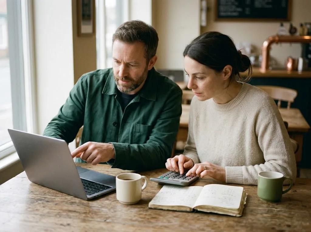 Two business partners at a wooden cafe table, one pointing at a laptop while the other works a calculator, coffee cups and a notebook between them, daylight from the window.