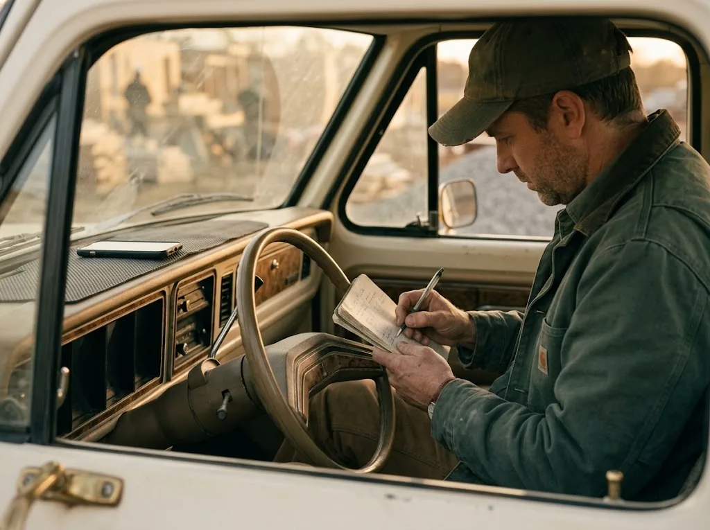A contractor in a cap and work jacket sitting in the driver’s seat of a parked pickup, writing in a small notebook on the steering wheel, a job site out of focus through the windshield at golden hour.