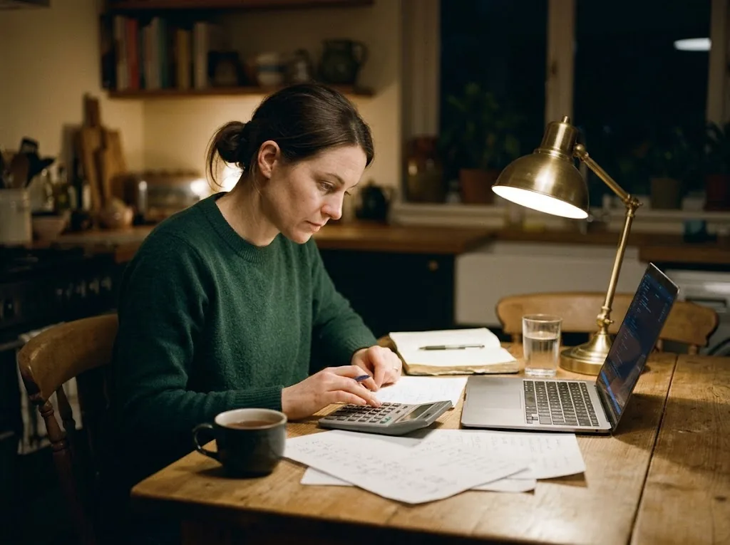 A woman in a green sweater at a kitchen table in the evening, tapping figures into a desktop calculator beside an open laptop, papers and a mug of tea in front of her, a brass desk lamp lit.