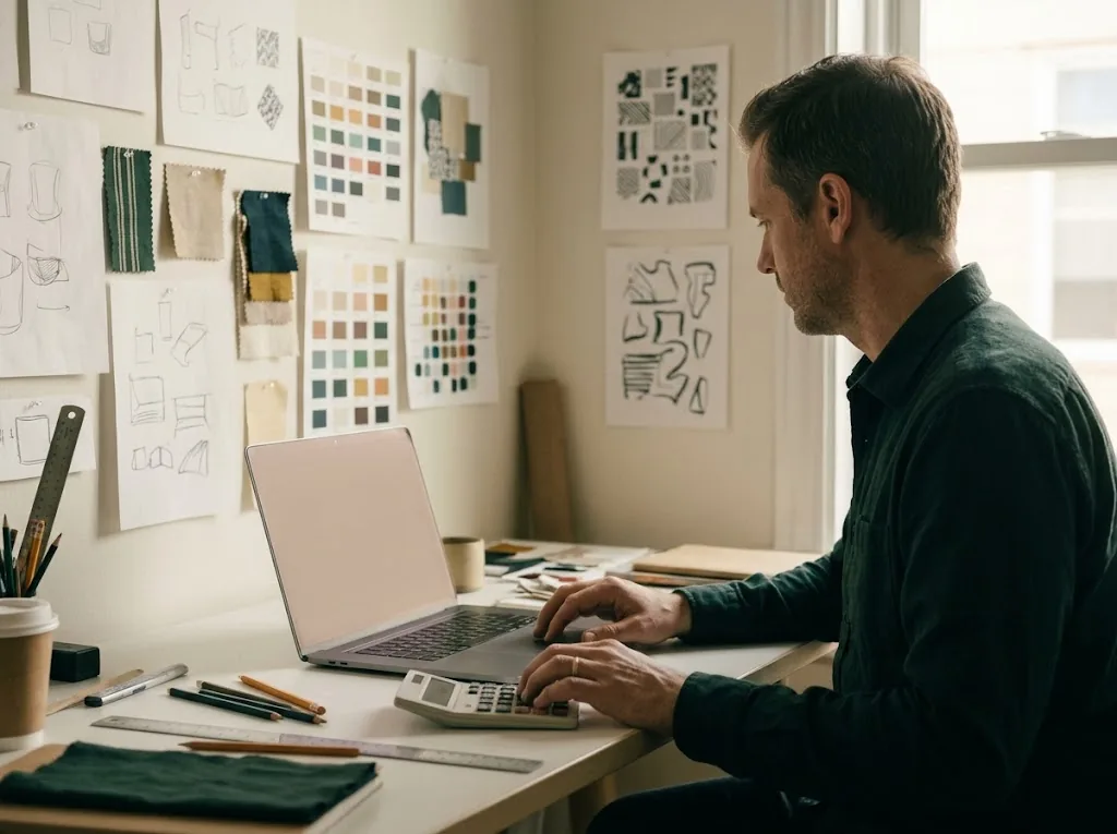 A designer at a studio desk with one hand on a small calculator and the other on a laptop, color swatches and sketches pinned to the wall behind him, afternoon window light.