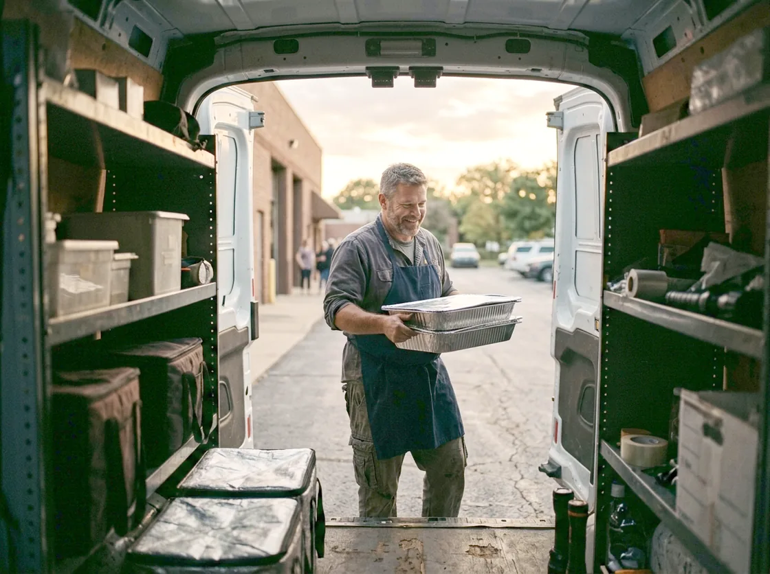 A caterer sliding covered trays into the back of a van in low evening light, photographed from inside the van.