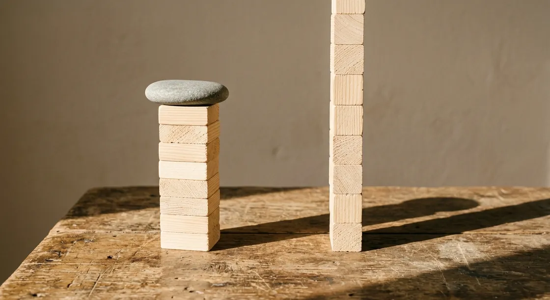 Two stacks of identical pale wooden blocks on a worn workbench in hard side light, the left stack capped by a flat gray stone and the right stack running out of the top of the frame.