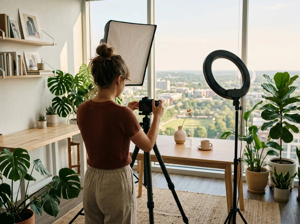 A content creator in a bright apartment studio with a city view, seen from behind, adjusting a camera on a tripod pointed at a small styled table, between a ring light, a softbox and plants.
