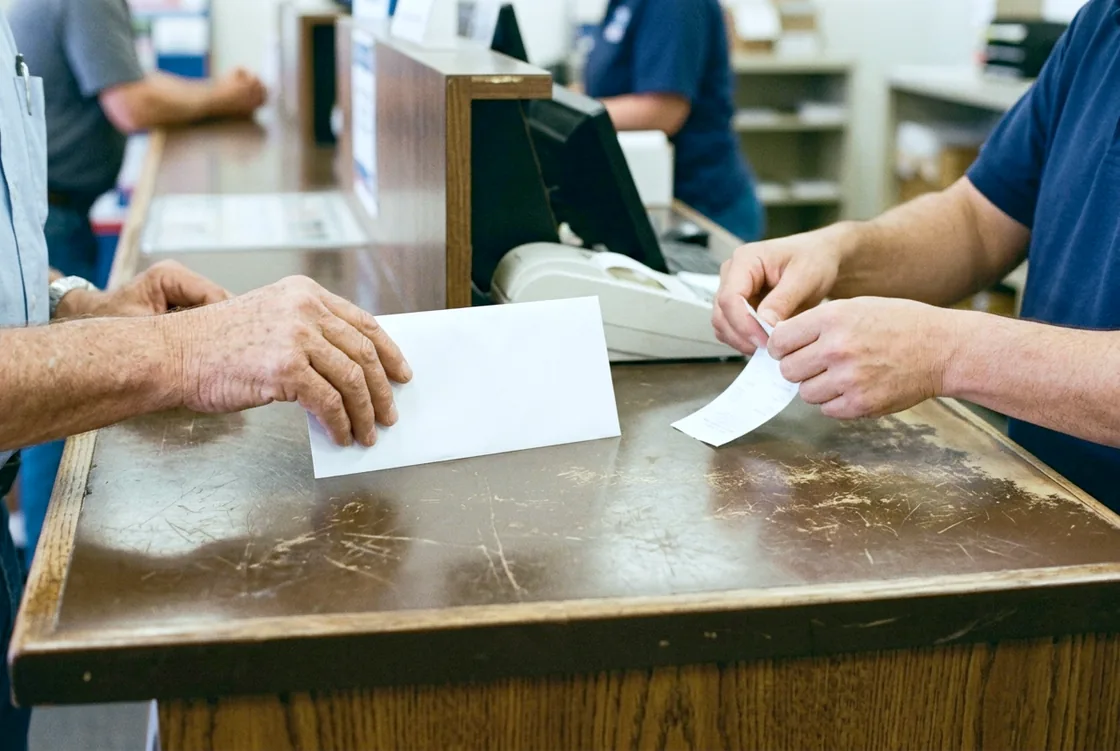A blank white envelope sliding across a worn post office counter while a clerk tears off a small paper receipt slip.