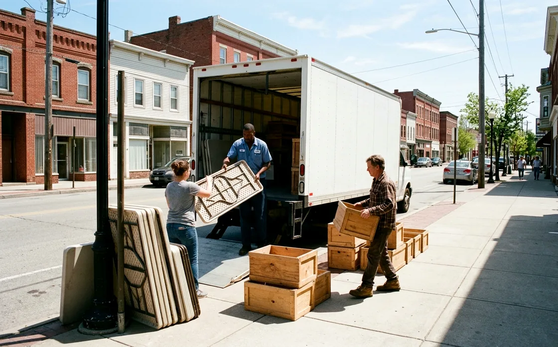 Three people unloading folding tables and plain wooden crates from the back of a truck onto a sidewalk on an American main street in hard midday sun.