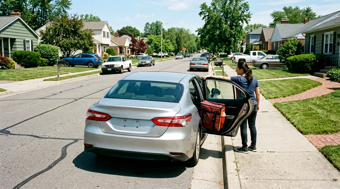 A silver sedan parked at a suburban curb with the driver&rsquo;s door open and an insulated delivery bag on the back seat, a woman standing beside it looking down the street in hard midday sun.