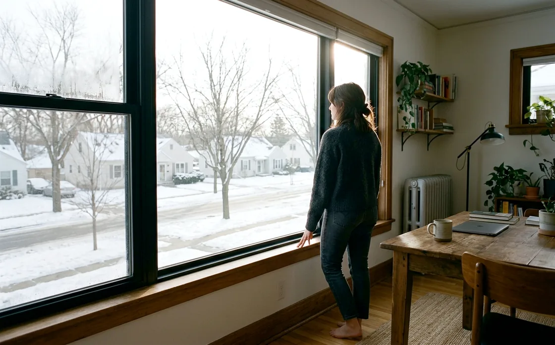 A person seen from behind standing at a large window in a home workspace, looking out at a snow-covered residential street in low winter sun.
