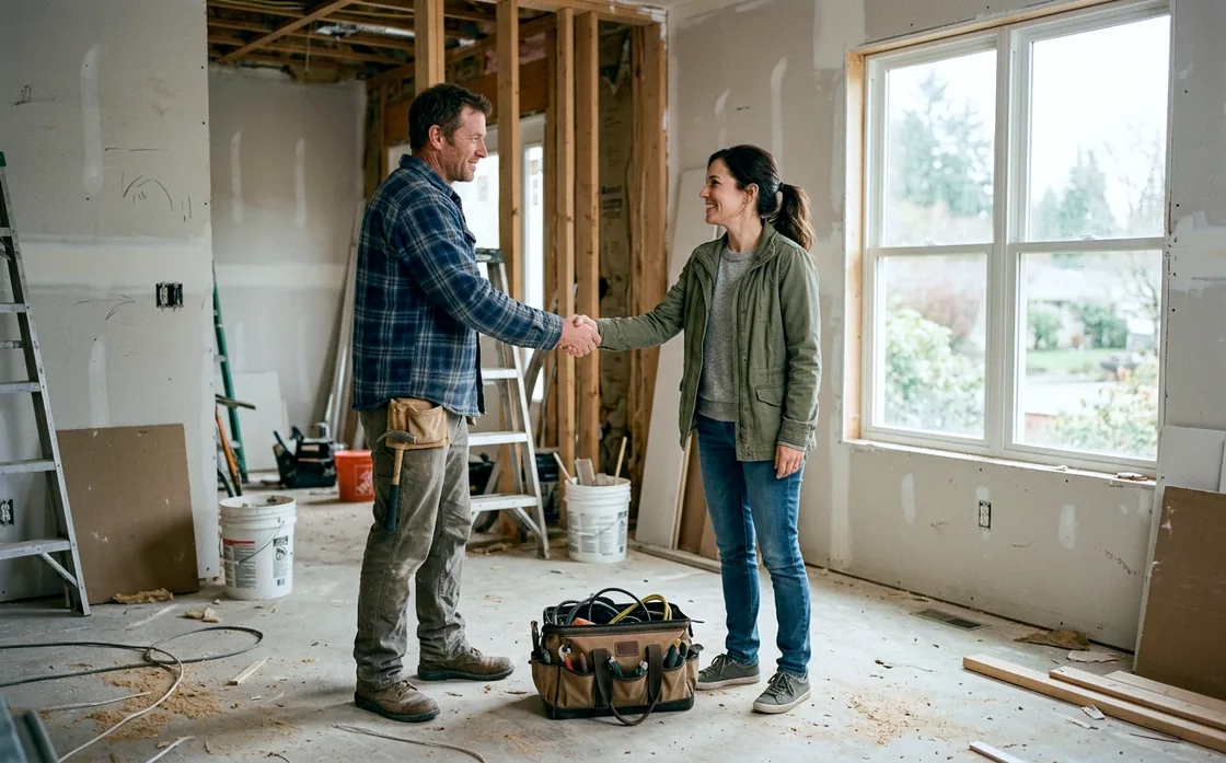 A tradesman and a client shaking hands in a half-finished room, a tool bag on the bare floor between them, daylight through an uncurtained window.