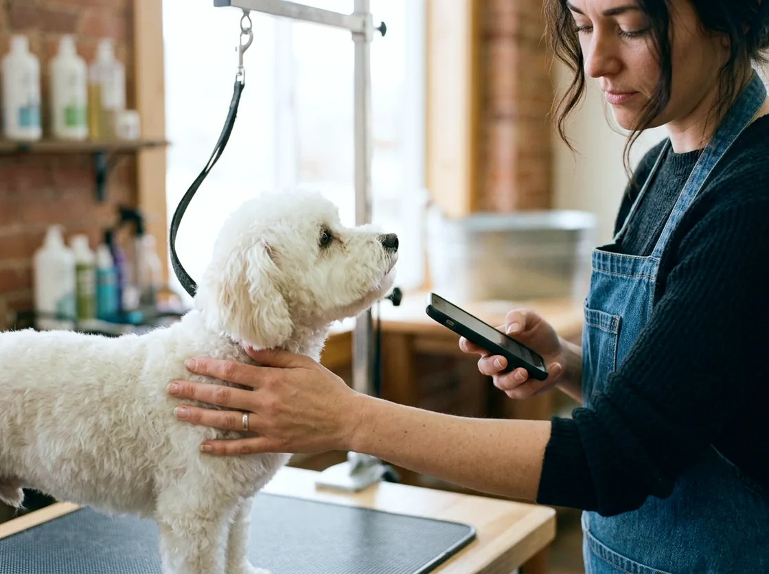 A groomer in a denim apron steadying a small white dog on the table with one hand while checking her phone with the other, in a bright workshop.