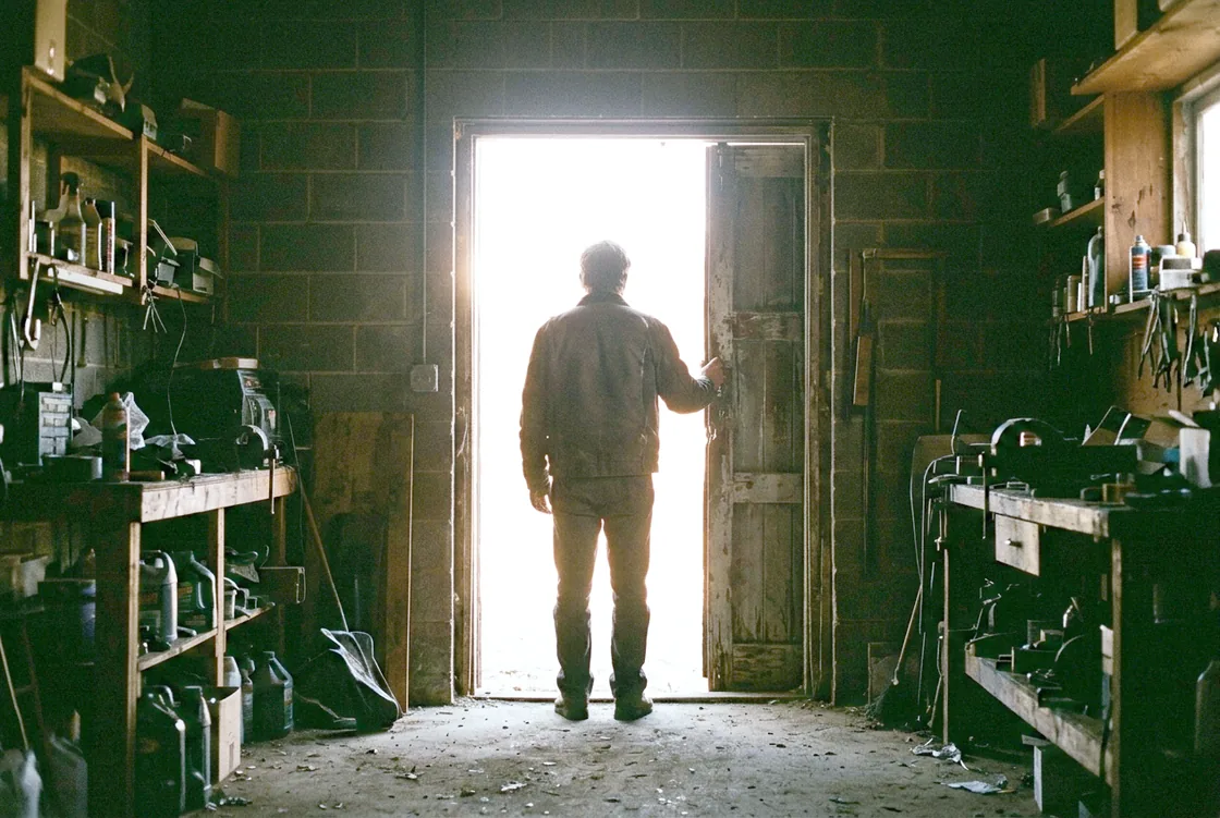 Seen from inside a dark workshop, a person standing in an open doorway that is blown out to white by hard sunlight outside, in near silhouette with one hand on the door frame.
