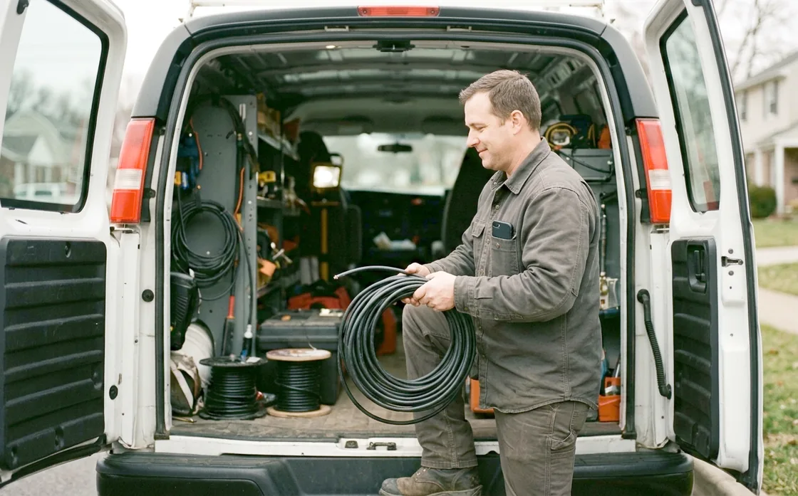 A tradesman coiling cable at the open back doors of his work van on a residential street.