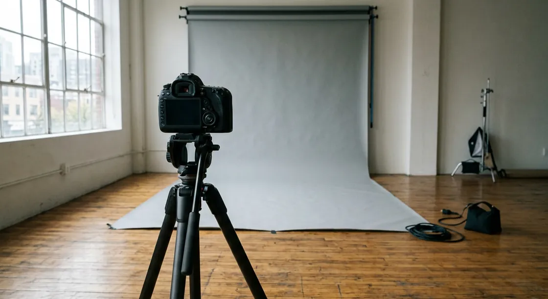 A camera on a tripod seen from behind, pointed at an empty photo studio with a pale seamless backdrop, tall industrial windows and a wooden floor, with no one in front of the lens.