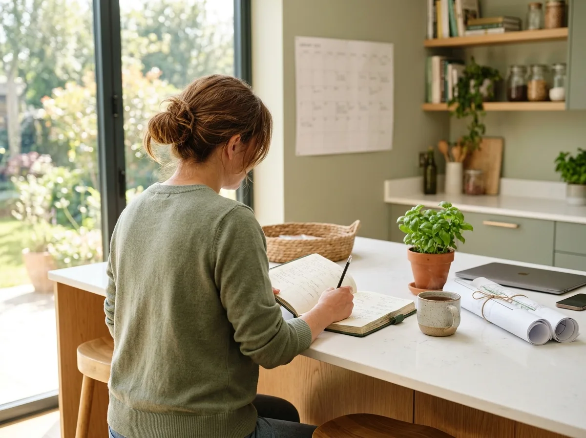 A self-employed landscape designer at a kitchen island in a bright modern home, seen from over the shoulder, writing in a paper planner with a wall calendar and a mug nearby.