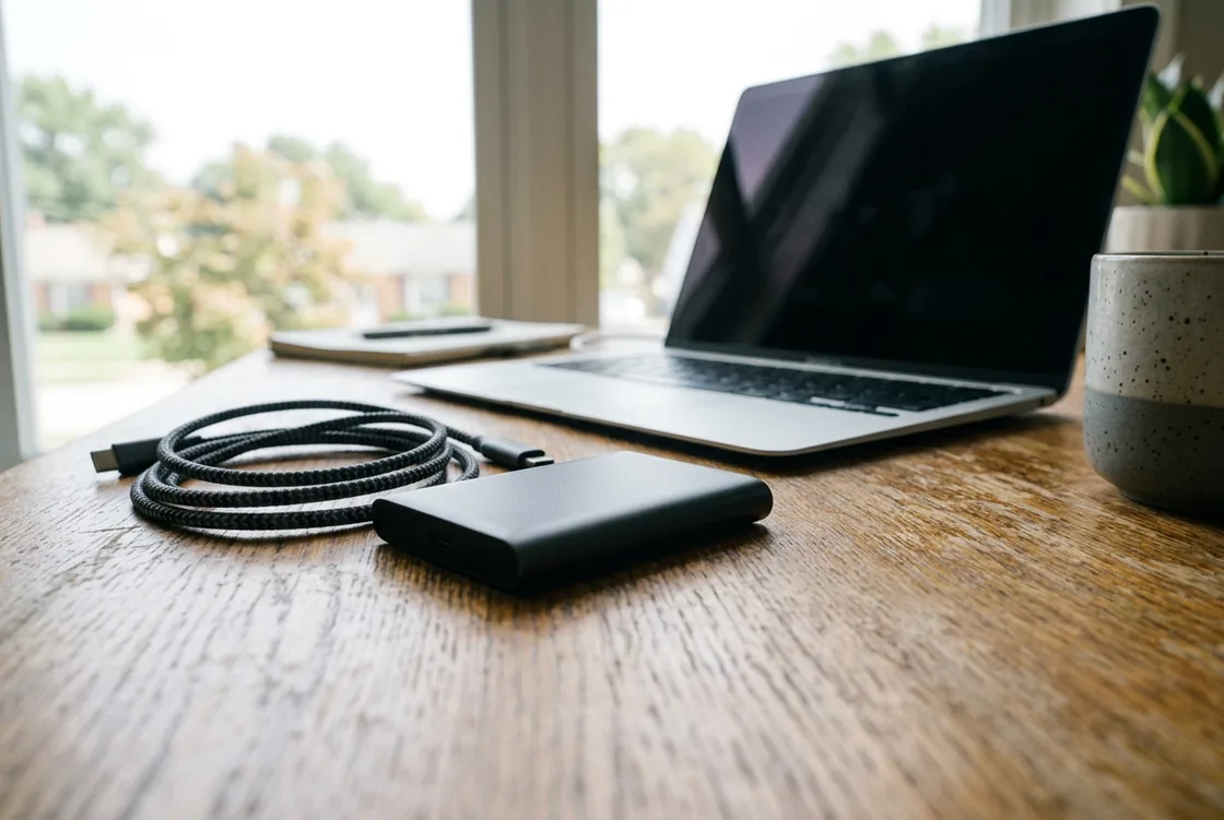 A small external drive and a coiled cable in the near foreground of a wooden desk, a laptop soft out of focus behind them and a mug at the edge of frame.