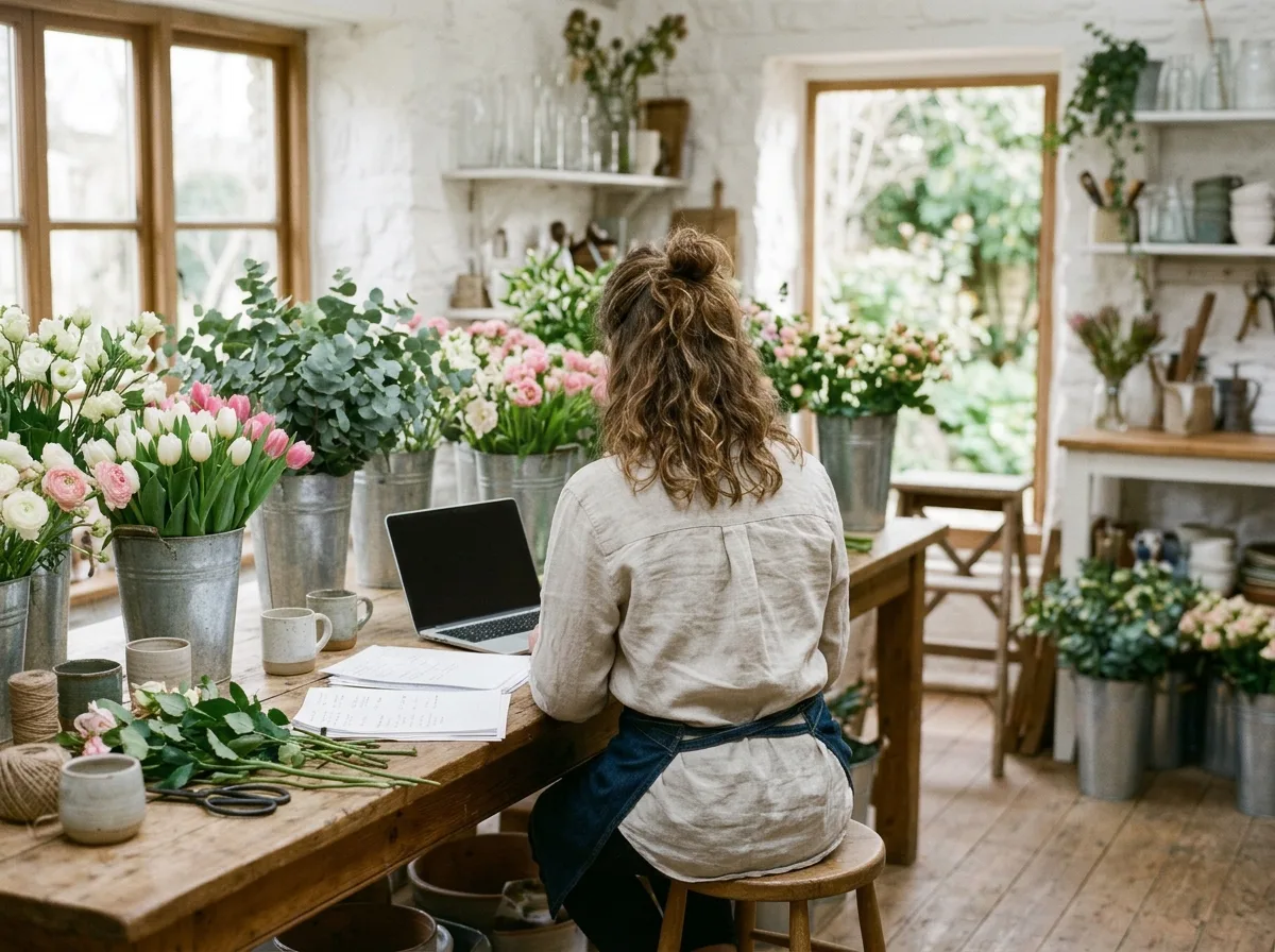 A self-employed florist at a long wooden worktable in a bright whitewashed flower studio, seen from behind, working at a laptop beside a stack of papers, surrounded by buckets of tulips and eucalyptus.