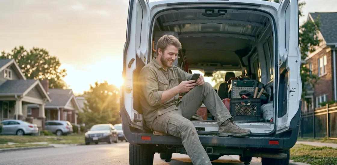 A tradesperson sitting on a tailgate at the end of a job, writing up an invoice on a phone.