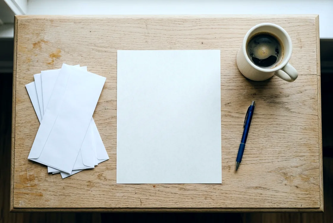 A blank form, a pen, a small stack of unopened envelopes and a mug of coffee on a wooden desk, photographed from directly above.