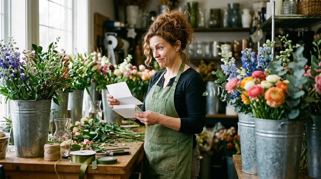 A florist in her forties in a green apron standing between buckets of fresh flowers, reading a letter with one eyebrow raised and a half smile.