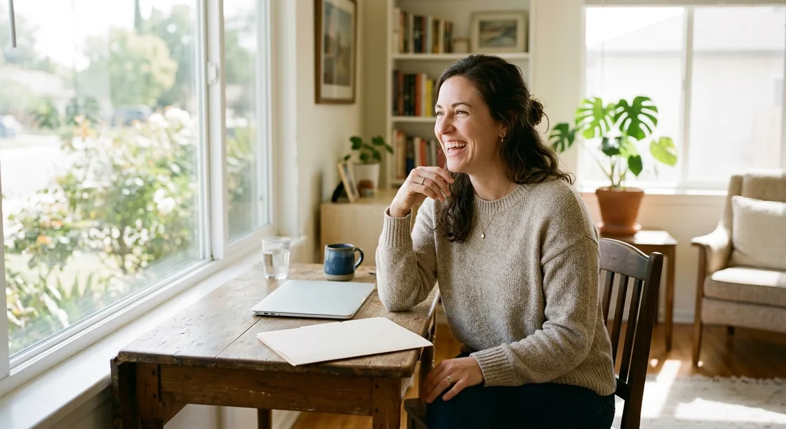 A woman sitting back from a small wooden work table by a window, laughing, with a closed laptop and a shut buff folder in front of her.