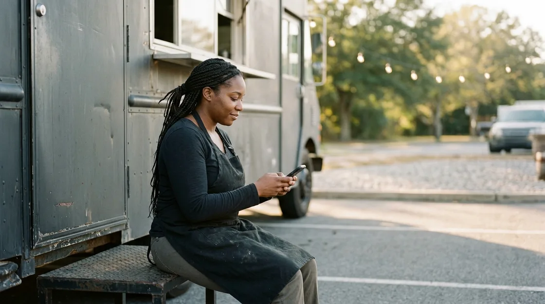 A food truck owner with long braids sitting on the step of her truck in the afternoon, moving money on her phone with a focused, satisfied look.