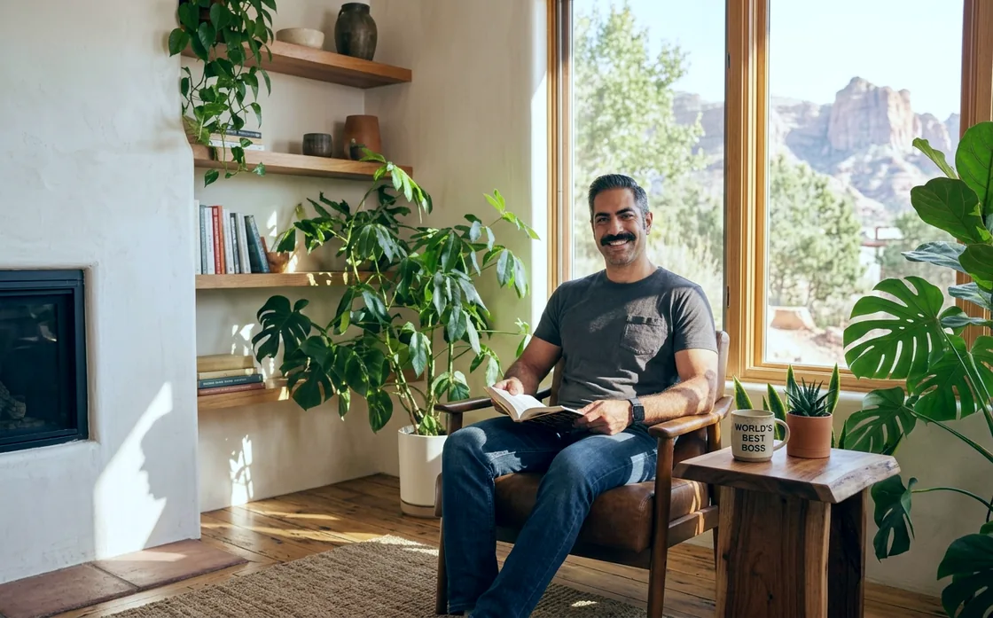 George M. sitting in a leather chair by a window with an open book, smiling, a World's Best Boss mug on the side table beside him.