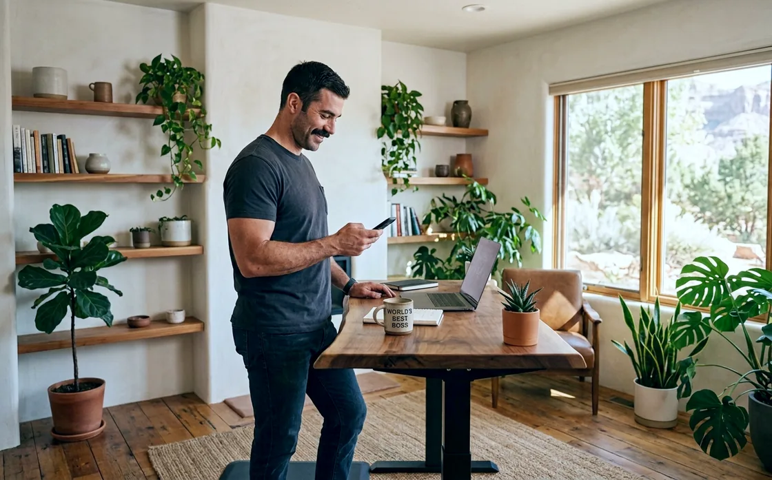 George M. standing at a live-edge standing desk in a plant-filled room, checking his phone with a laptop open in front of him and a World's Best Boss mug on the desk.