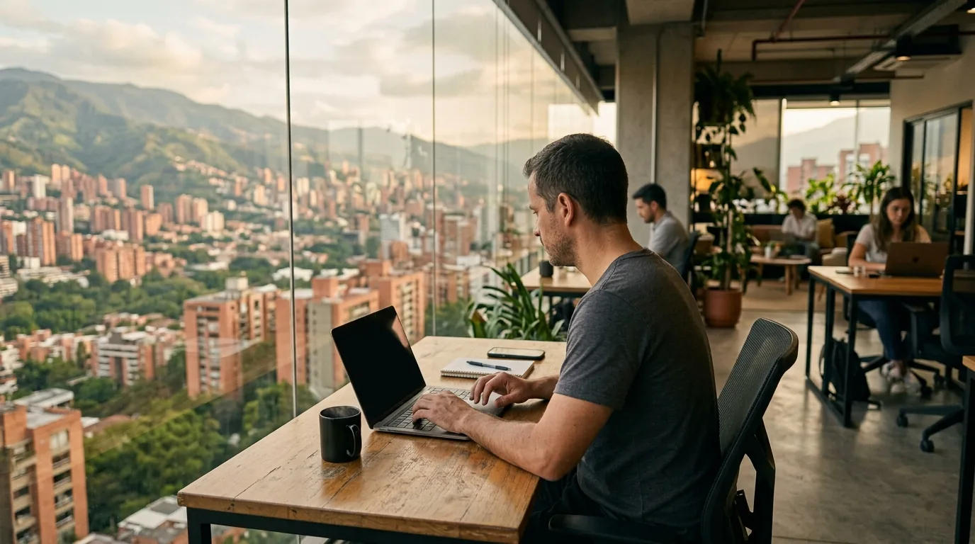 A man working at a laptop in a high-rise coworking space, floor-to-ceiling glass beside him looking out over the Medellín valley in afternoon light, three other people working at desks further back.