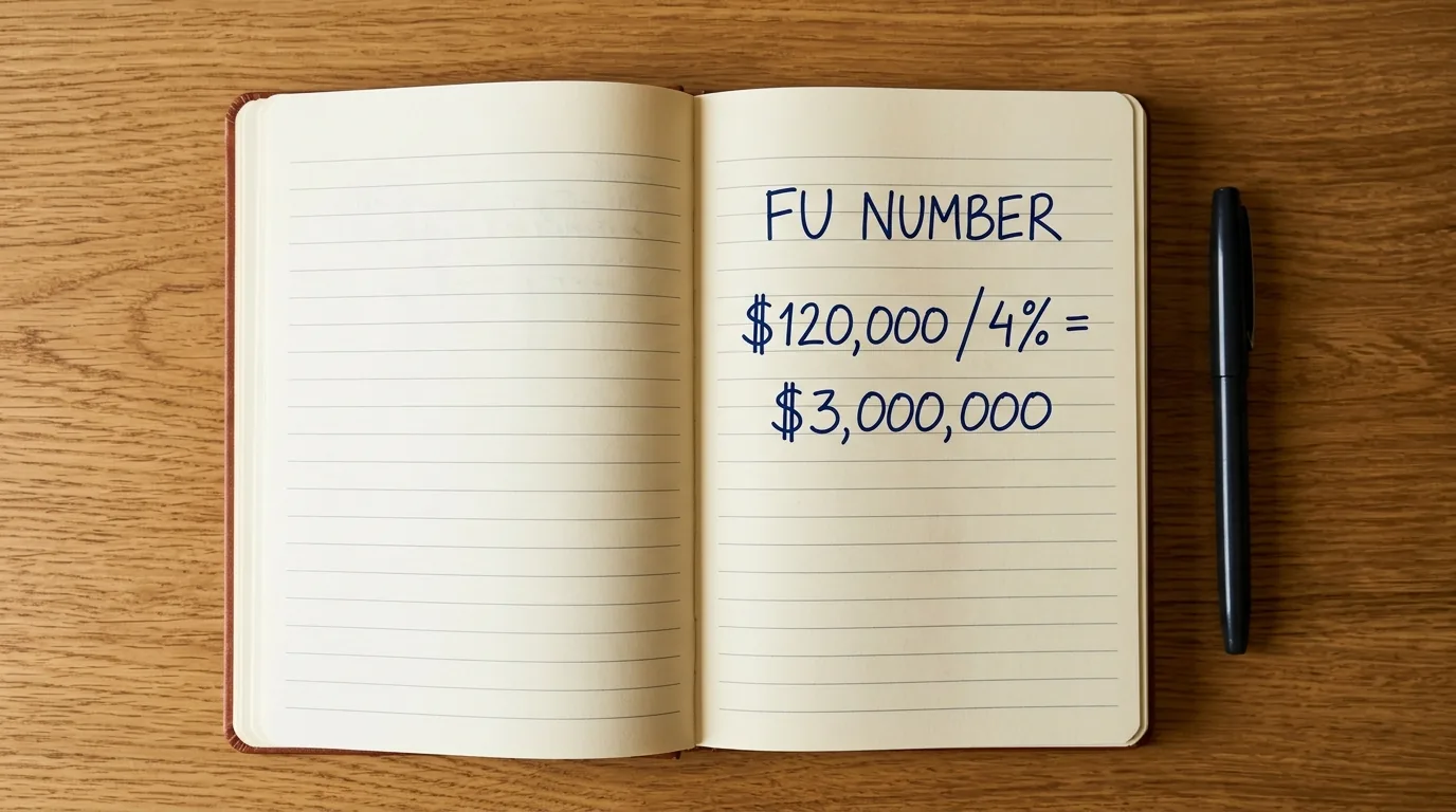 An open notebook on an oak desk, a pen beside it, with three handwritten lines reading FU NUMBER, $120,000 divided by 4%, equals $3,000,000.