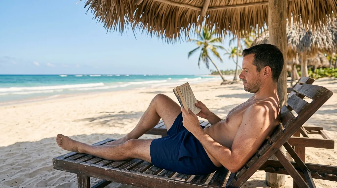 A man reclining in a wooden lounge chair under a thatched palapa on a quiet beach, reading a paperback, turquoise sea behind him.