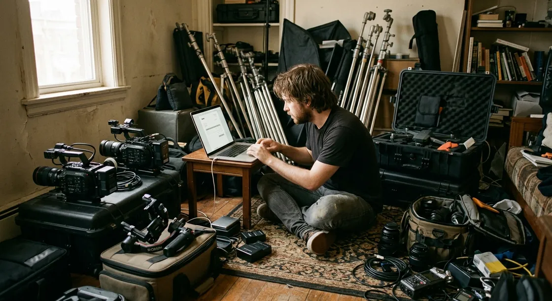 A young videographer sitting cross-legged on the floor of a small apartment, typing on a laptop on a low stool, surrounded by cinema cameras, light stands, hard cases and a half-packed drone case.